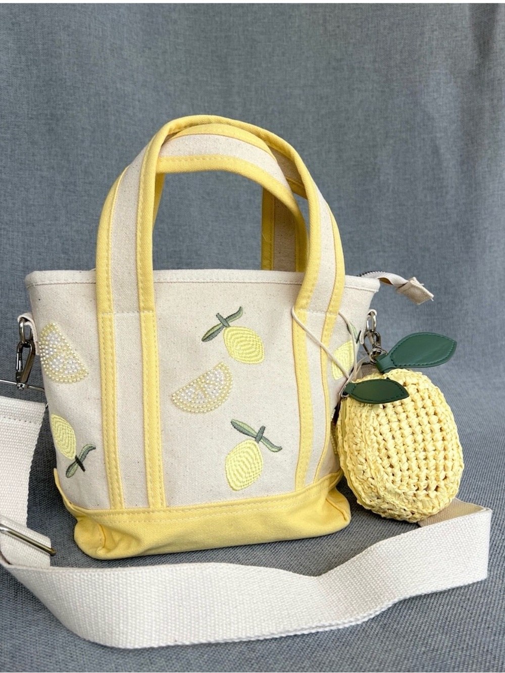 C&C California Canvas Lemon Embroidered Tote Bag with Yellow Crochet Lemon Charm